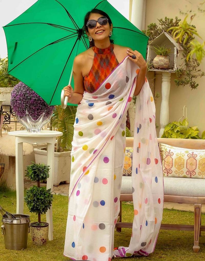 white printed pure cotton white saree with blouse