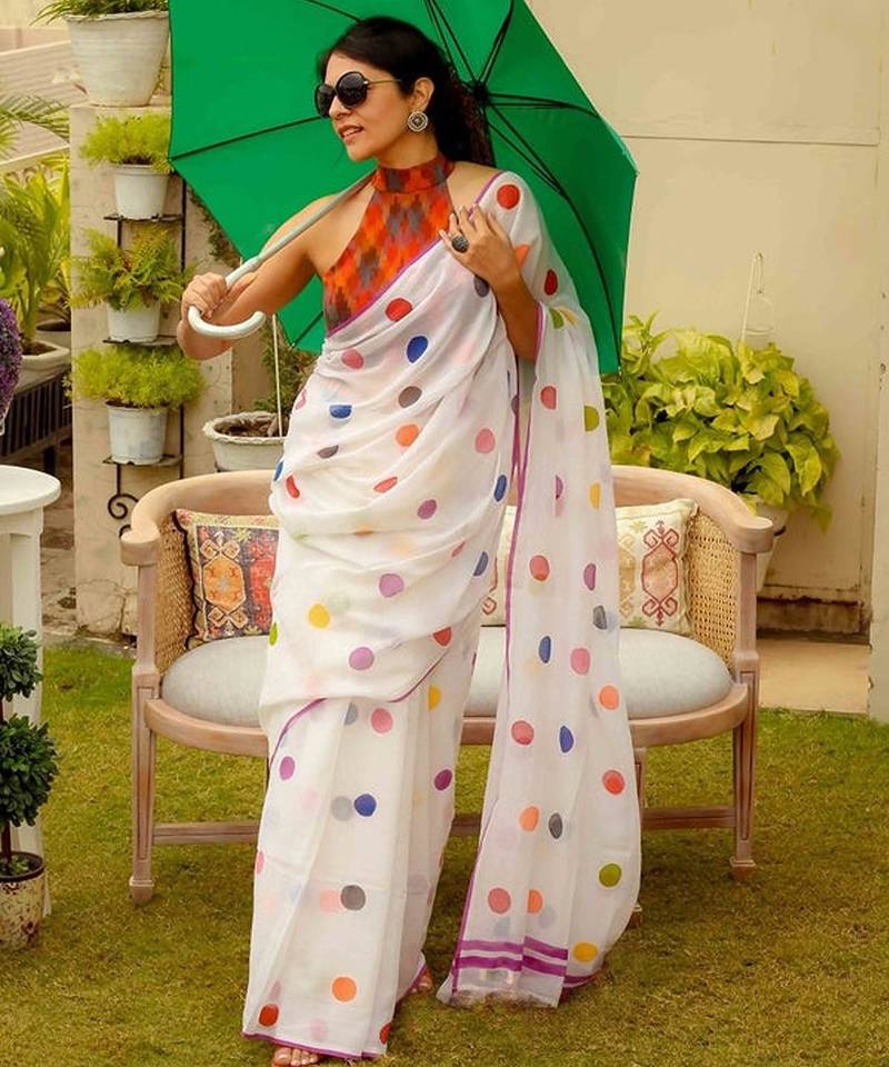 white printed pure cotton white saree with blouse