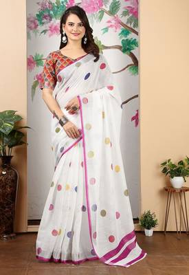 white printed pure cotton white saree with blouse 1
