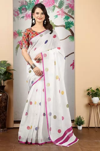 white printed pure cotton white saree with blouse