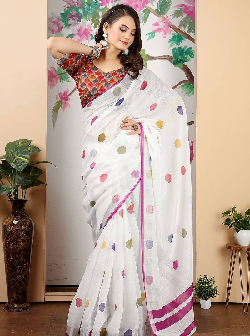 white printed pure cotton white saree with blouse