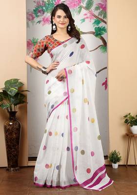 white printed pure cotton white saree with blouse 3
