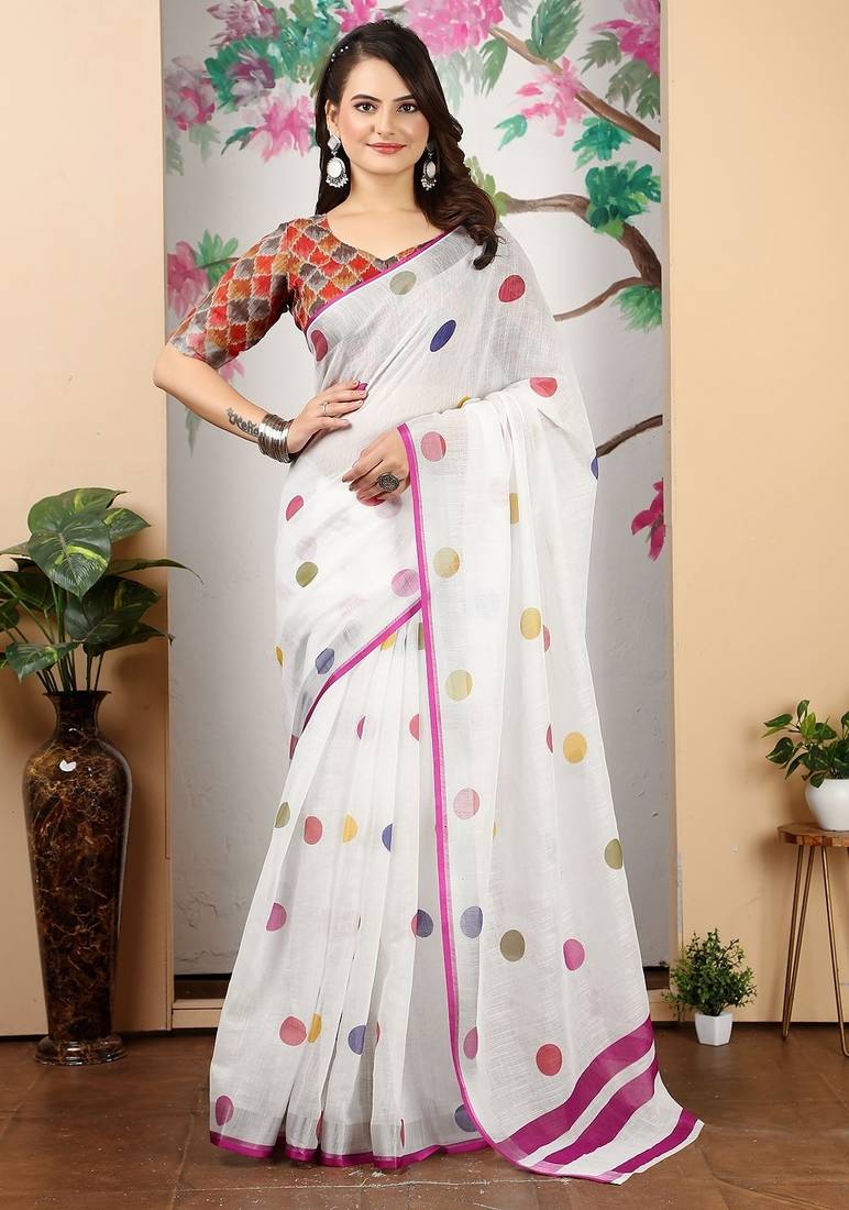 white printed pure cotton white saree with blouse
