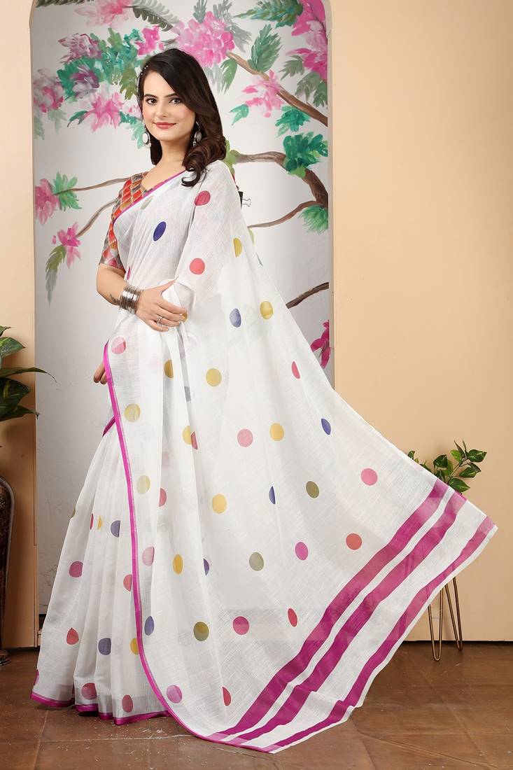 white printed pure cotton white saree with blouse
