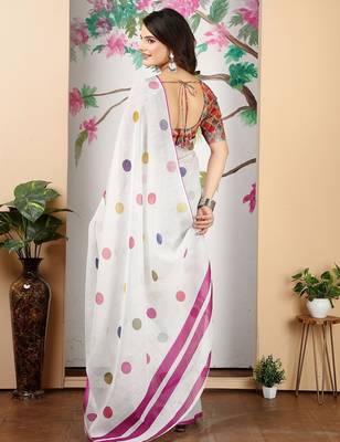 white printed pure cotton white saree with blouse 5