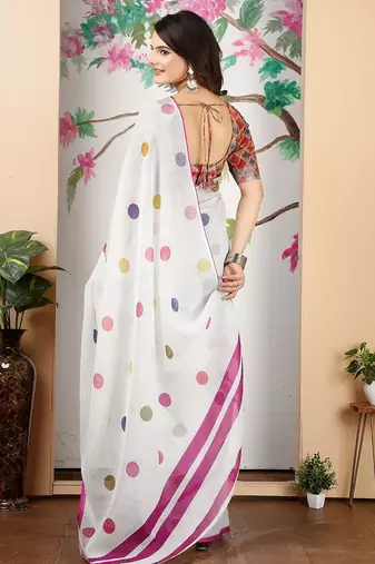 white printed pure cotton white saree with blouse