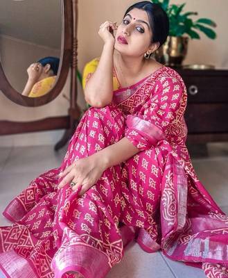 pink printed pure cotton pink saree with blouse 1