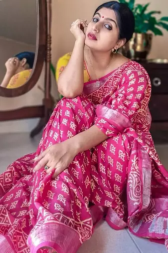 pink printed pure cotton pink saree with blouse