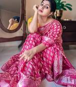 pink printed pure cotton pink saree with blouse