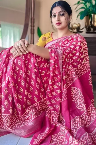 pink printed pure cotton pink saree with blouse