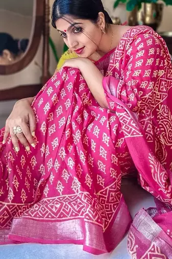 pink printed pure cotton pink saree with blouse