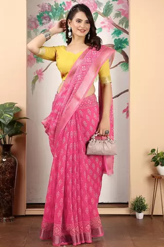 pink printed pure cotton pink saree with blouse