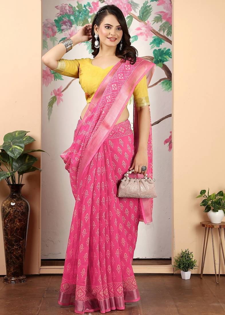 pink printed pure cotton pink saree with blouse