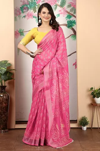 pink printed pure cotton pink saree with blouse