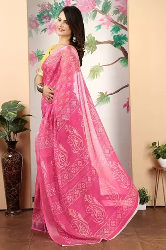 pink printed pure cotton pink saree with blouse