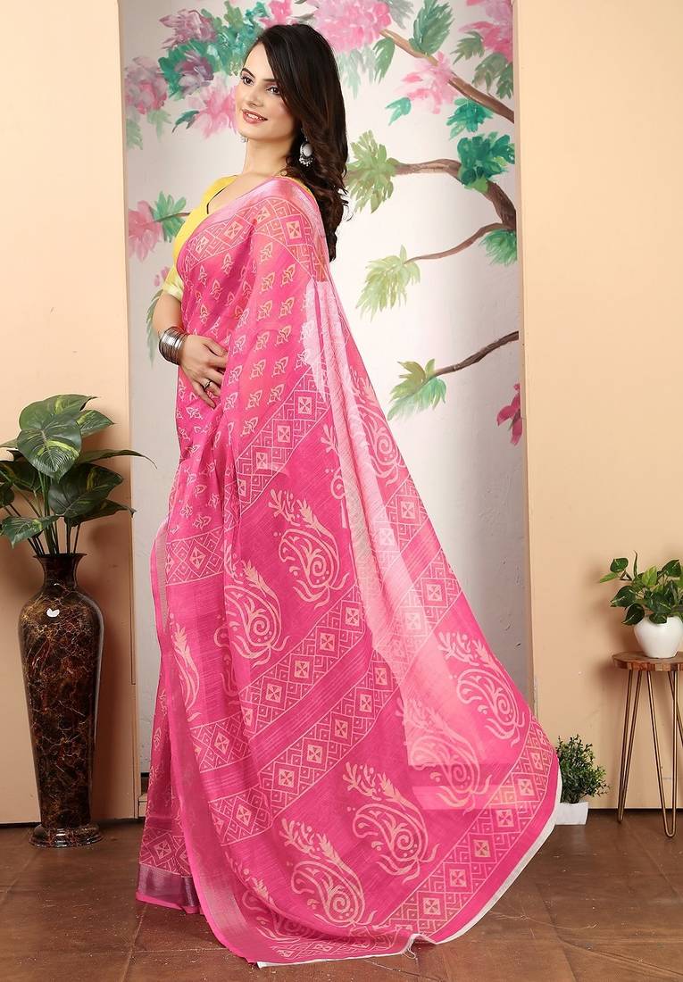 pink printed pure cotton pink saree with blouse