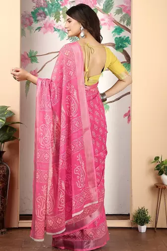 pink printed pure cotton pink saree with blouse
