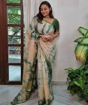 beige printed pure cotton beige saree with blouse 1