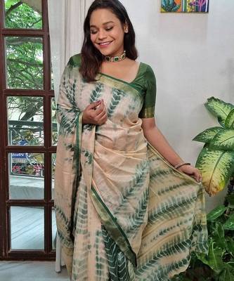 beige printed pure cotton beige saree with blouse 3