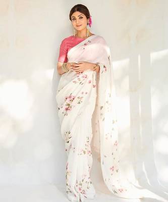 white printed pure cotton white saree with blouse 1