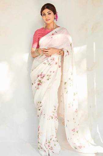 white printed pure cotton white saree with blouse