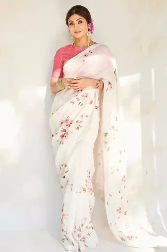 white printed pure cotton white saree with blouse