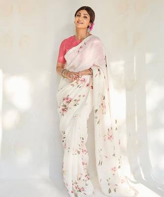 white printed pure cotton white saree with blouse 2