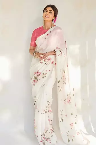 white printed pure cotton white saree with blouse