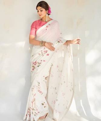 white printed pure cotton white saree with blouse 3