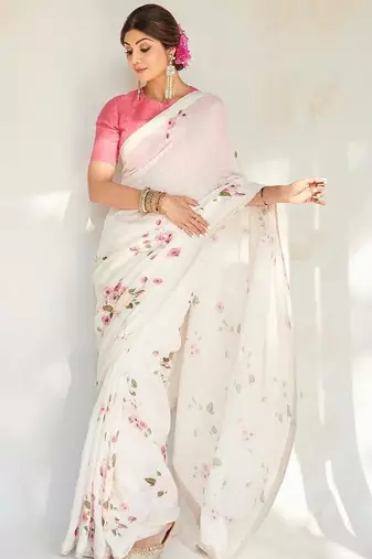 white printed pure cotton white saree with blouse