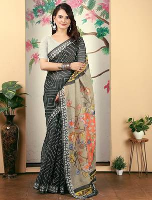 black printed pure cotton black saree with blouse 1