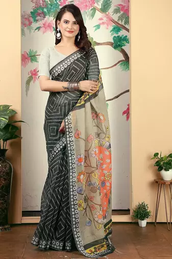 black printed pure cotton black saree with blouse