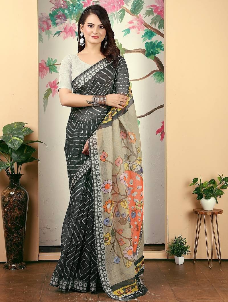 black printed pure cotton black saree with blouse