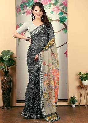 black printed pure cotton black saree with blouse 2