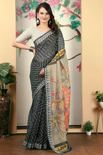 black printed pure cotton black saree with blouse