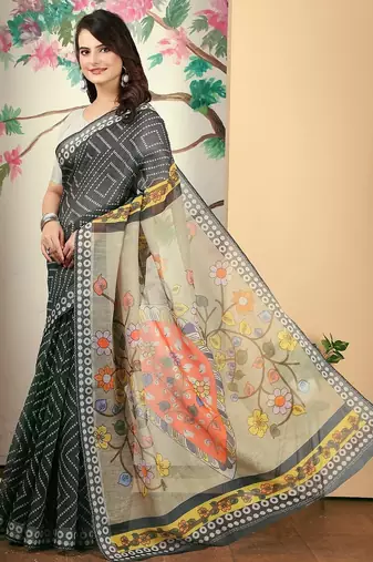 black printed pure cotton black saree with blouse