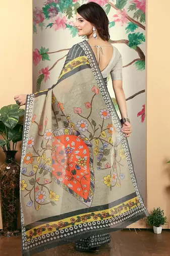 black printed pure cotton black saree with blouse