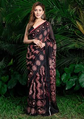 black printed pure cotton black saree with blouse 1
