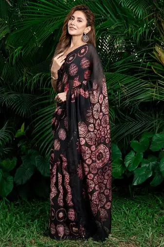 black printed pure cotton black saree with blouse
