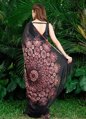 black printed pure cotton black saree with blouse 4