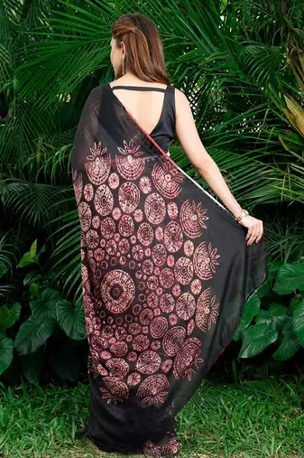 black printed pure cotton black saree with blouse