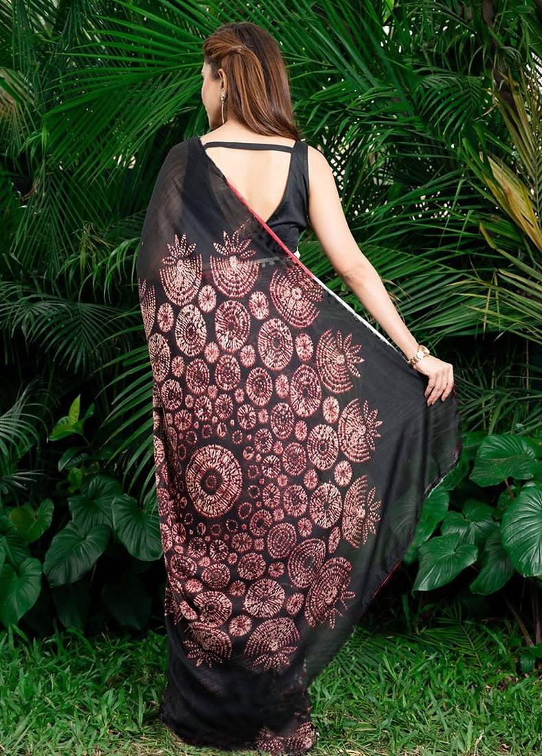 black printed pure cotton black saree with blouse