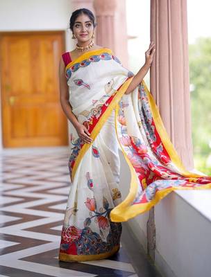 white printed pure cotton white saree with blouse 1