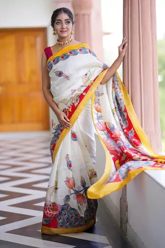 white printed pure cotton white saree with blouse