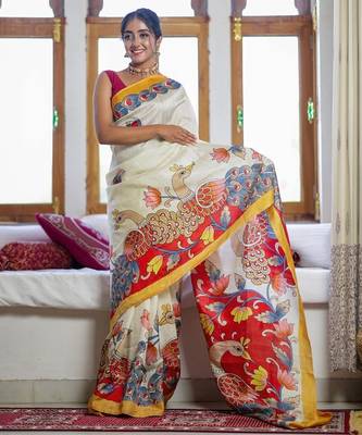 white printed pure cotton white saree with blouse 2