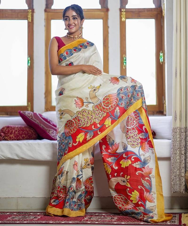 white printed pure cotton white saree with blouse