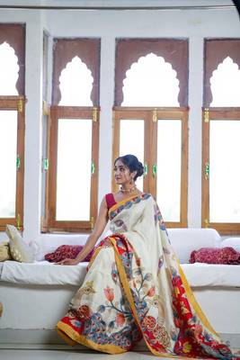 white printed pure cotton white saree with blouse 3
