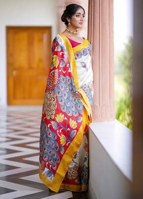 white printed pure cotton white saree with blouse 4