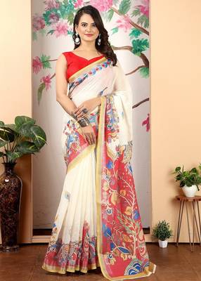 white printed pure cotton white saree with blouse 1
