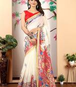 white printed pure cotton white saree with blouse